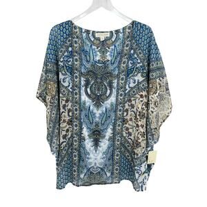 Cactus + Pearl kaftan blouse women's XXL paisley boho sheer overlay beaded NEW